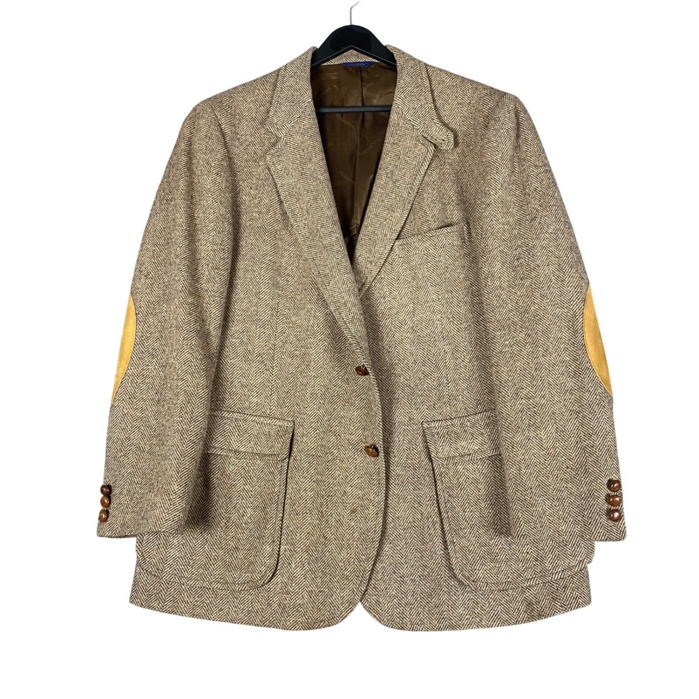 Pendleton Mens Blazer 44 Brown Herringbone Wool Suede Elbow Patch Vintage‎ USA